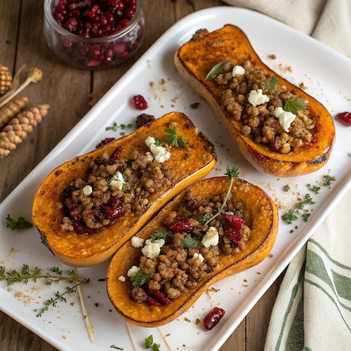 Stuffed Butternut Squash with Turkey Sausage and Fig Balsamic Drizzle