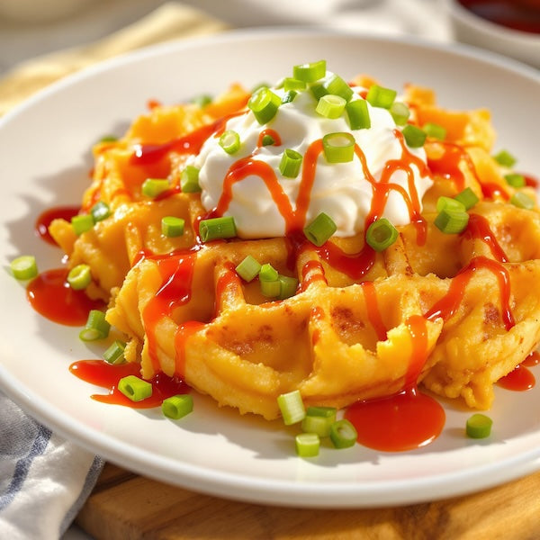 Savory Cheddar-Mashed Potato Waffles with Garlic Olive Oil